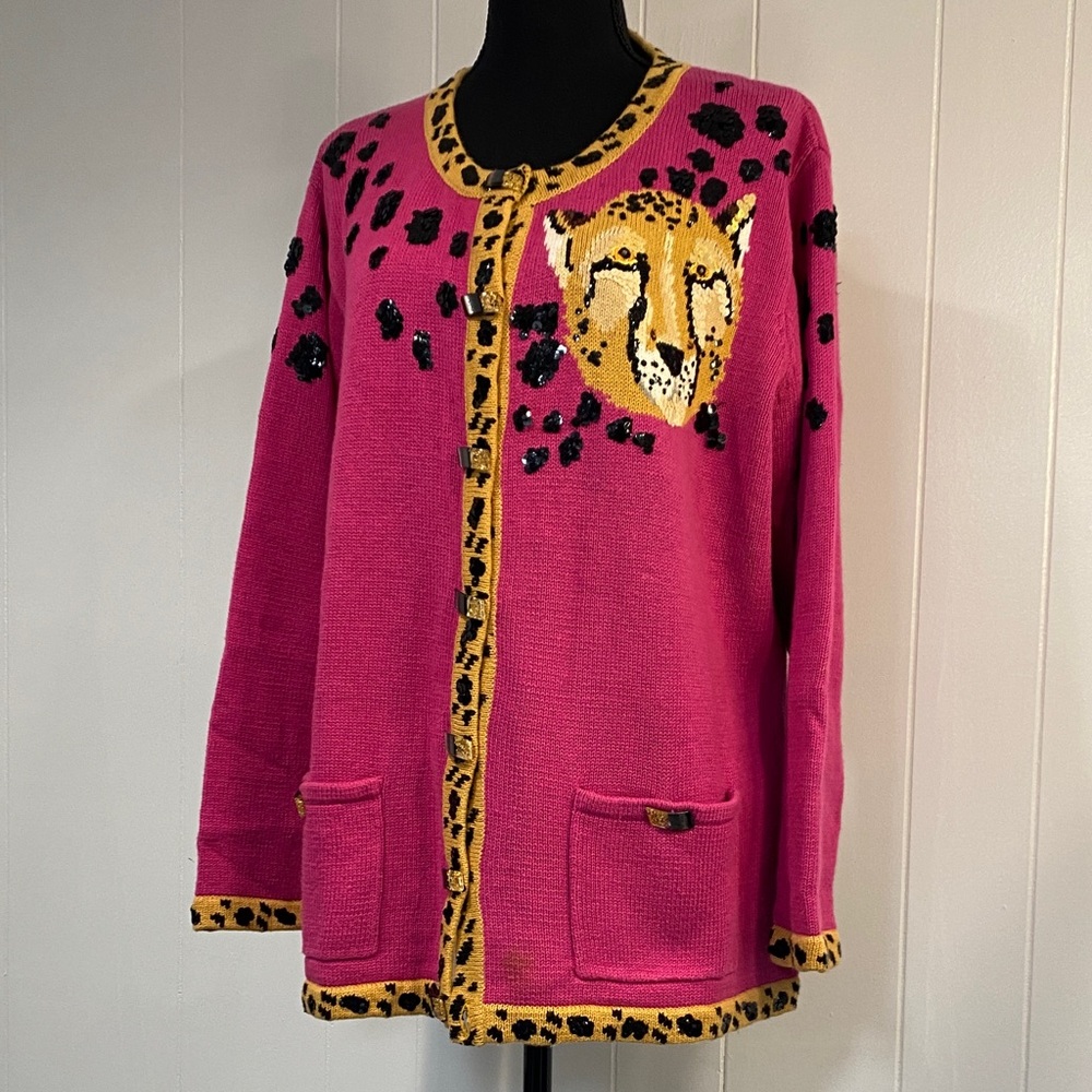 Storybook Knits Pink Leopard Sequin Tiger Cardigan Sweater 1X Statement Dopamine